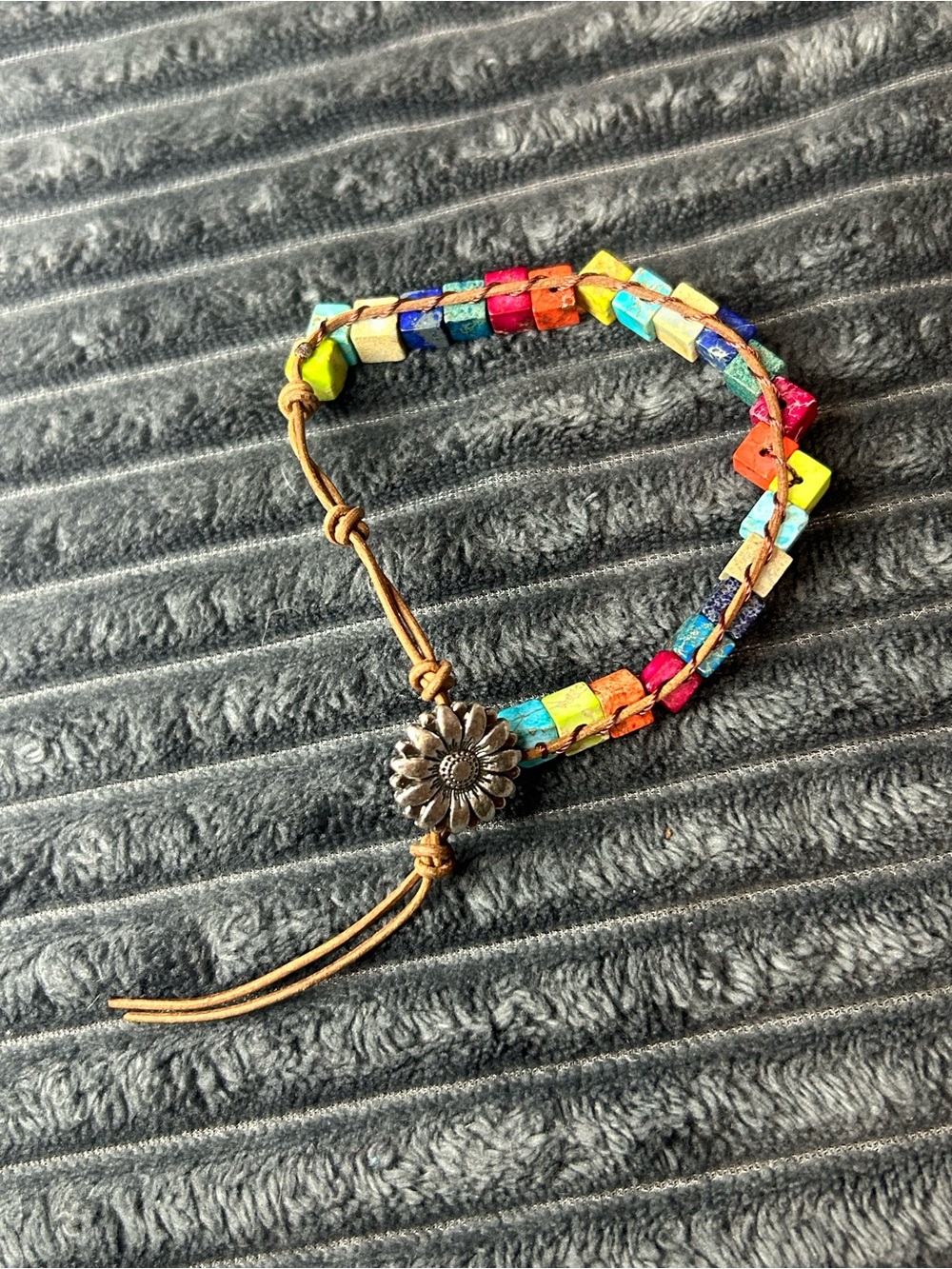 Genuine Natural Gemstone Rainbow Cube Bead Bracelet – Bohemian Flower Charm